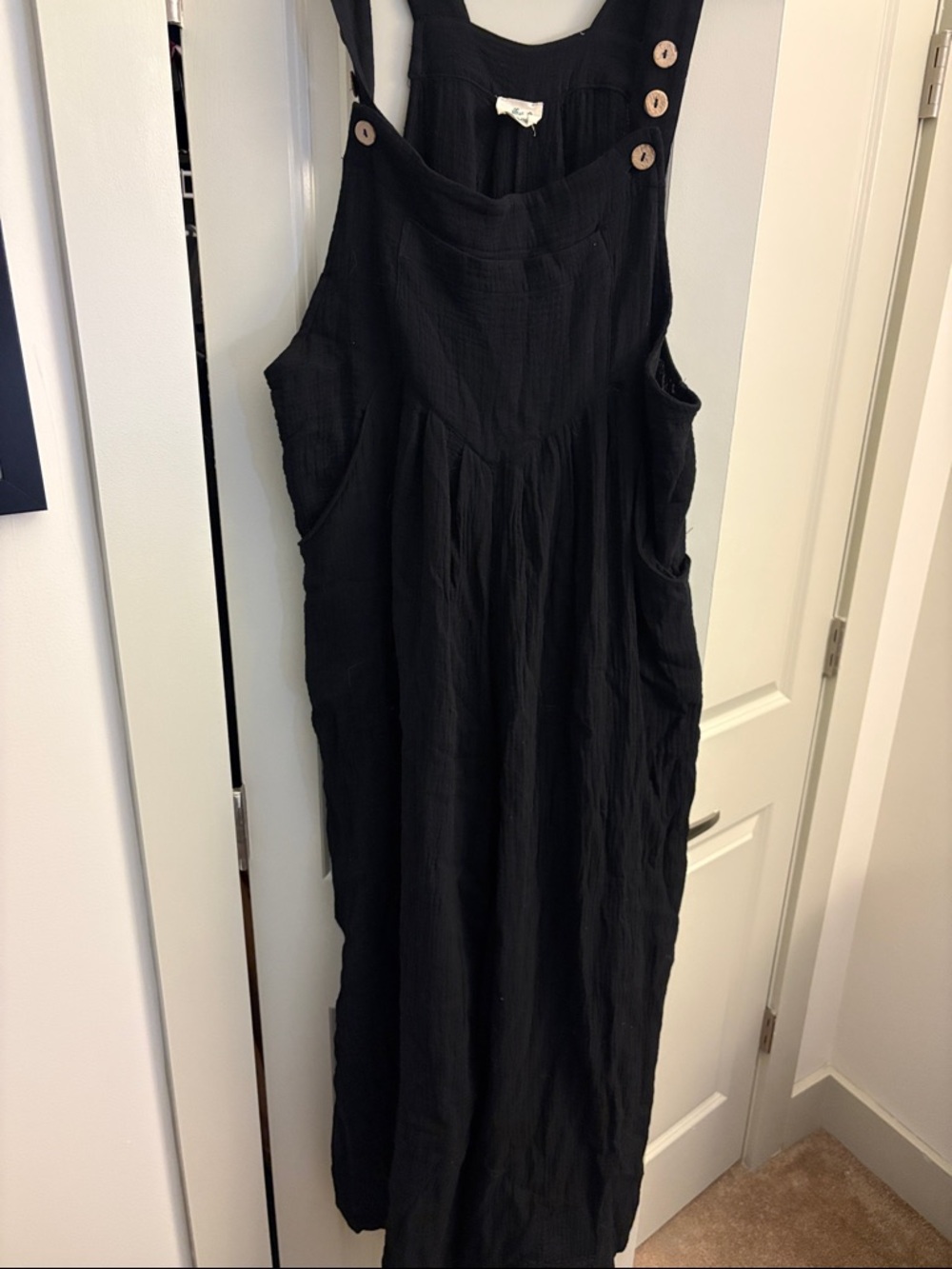 Classic Black Linen-Blend Pinafore Maxi Dress with Button Straps